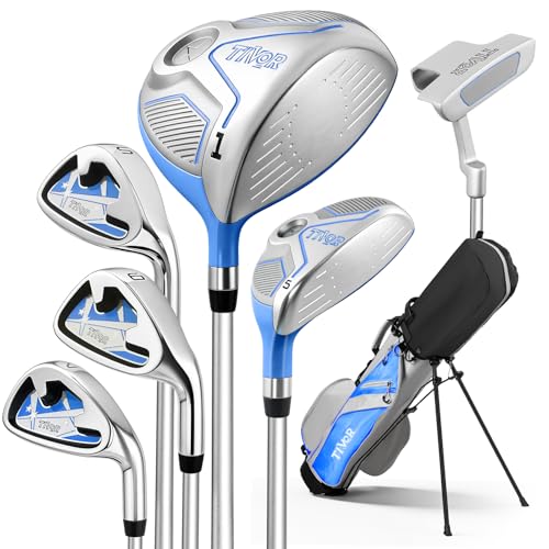 Kids Golf Clubs Set for Ages 9-12 Right Handed Youth Golf Clubs 9 Piece Set with 400cc Driver Hybrid 7 Iron 9 Iron Wedge Putter Stand Bag & 2 Headcovers Junior Golf Clubs Blue