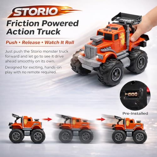 Image of Storio Monster Truck City Service Friction Car Toy | Push & Go Monster Truck with Lights & Sounds | Battery-Free Toy Vehicle for Kids Boys & Girls | Random Colour
