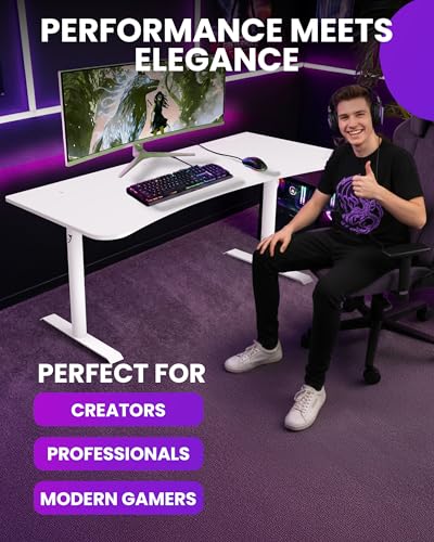 Image of Arozzi Arena Large Gamer Desk - 63x32 inch Adjustable Height PC Gaming Desk with Storage for Cables & Triple-Monitor Support - Full-Surface Washable Mousepad - Pure White