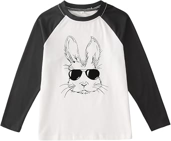 KEKEMI Boys Easter Shirts Kid Bunny T Shirt Happy Easter Outfit Funny Sunglasses Rabbit Tees Raglan Long Sleeve Tops Clothes