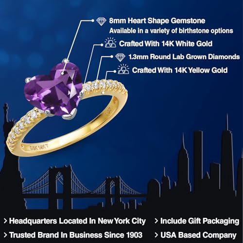 Gem Stone King 14K Two Tone Gold Heart Shape Gemstone Birthstone and Lab Grown Diamond Engagement Ring | Heart Shape 8MM and Round 1.3MM | Wedding Anniversary Promise Gold Ring For Women | Size 5 to 92