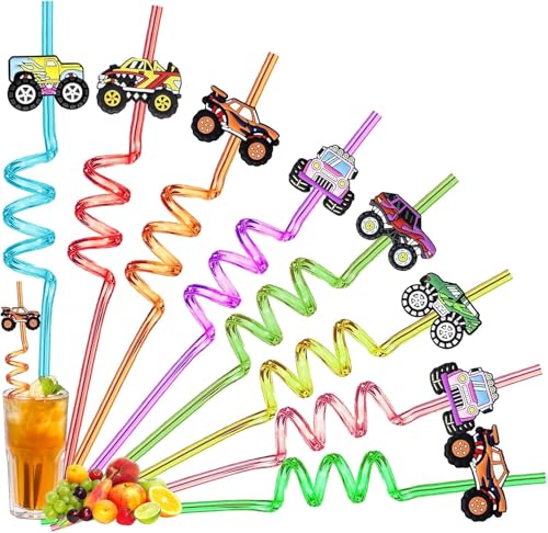 LUKlUP Paille Enfant, 8 Pièce Pailles Voitures, Straws Plastique Colorées, Pailles Spirales Réutilisables pour Fêtes Anniversaire Enfants, Réunions de Famille