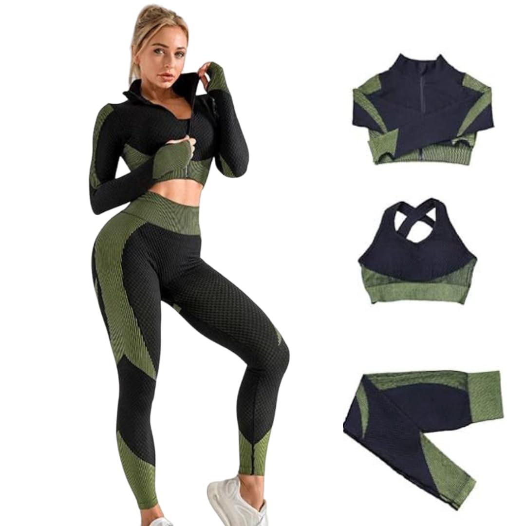 Stylish 3pc Track Suit Gym Wear for Women Workout Set with Butt Lift High Waist Stretchable Leggings, Zipper Crop Top and Cross Strap Sports Bra, Yoga Outfit Co Ord Sets