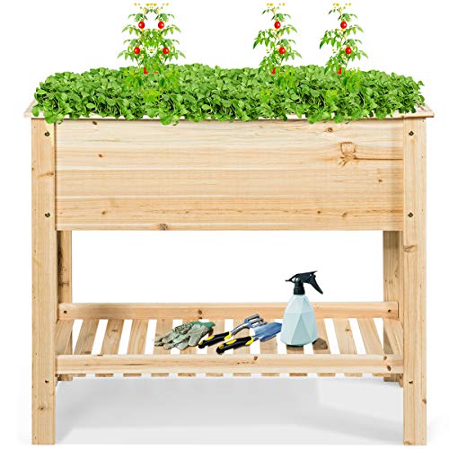 GOPLUS Carré Potager sur Pieds, Lit Surélevé de Jardin en Bois avec Étagère pour Légumes, Herbes, Fleurs, pour Jardin, Terrasse, Balcon, Charge 80kg(91,5...
