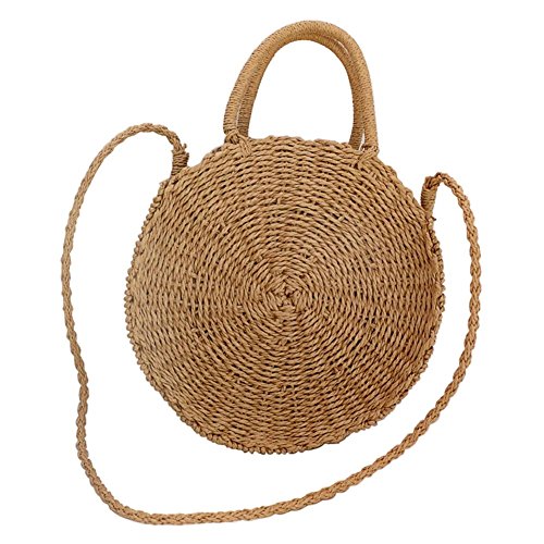 heresell - Bolsa de Playa Redonda de Paja para Verano, Bolsa Cruzada, Bolso de Mano de Tejido Grande para Mujer