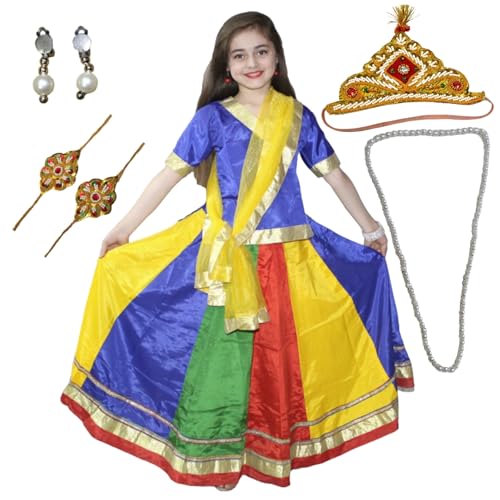 Image of Kaku Fancy Dresses Traditional Radha Costume for Girls - Red & Yellow Lehenga Choli with Dupatta | Indian Mythological Fancy Dress for Janmashtami - 14-17 Years