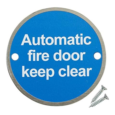 Fire Door Guru® Pack of 10 Automatic Fire Door Keep Clear Sign - 76mm Disc - Stainless Steel Safety Sign - Fixings Included Cover