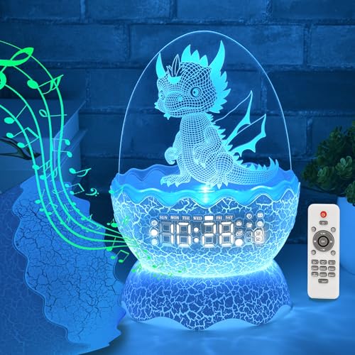 Dragon Egg Alarm Clock with Night Light White Noise Bluetooth Speaker, Dragon Clock 16 Color Decor Light with Remote Control /Timer /Dim?Dragons Gifts Birthday Xmas Holiday Gift for Kids/Boys/Girls