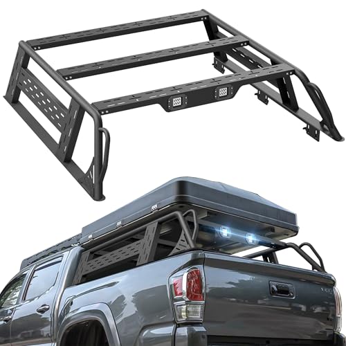 YZONA 13.3 High Overland Bed Racks Truck Cargo Carrier with 2 LED Lights Compatible with 2016-2025 Toyota Tacoma with Bed Rails 1000 LBS Truck Rear Ladder Rack Back Cross Bars
