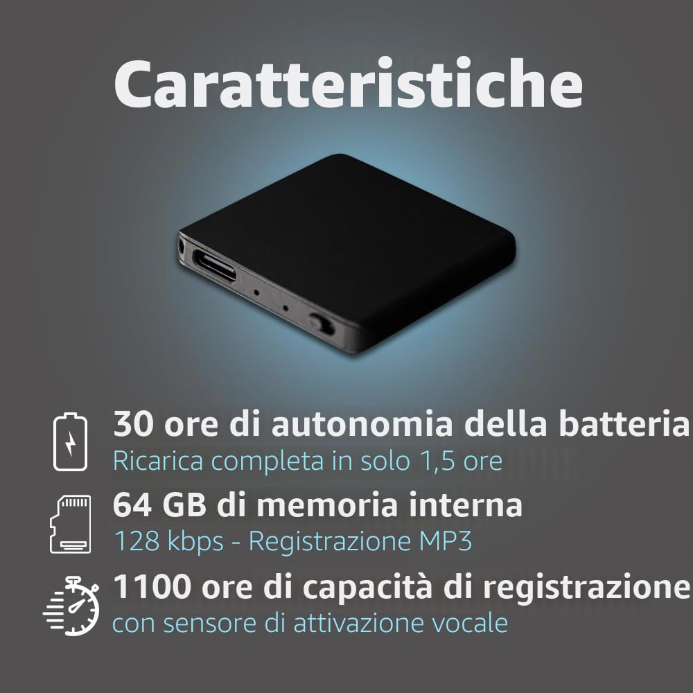 Atto Digital - Mini registratore vocale da 64 GB - 1145 ore - Solo 5 mm di spessore - Registratore vocale - Registratore vocale MP3 - TileREC di Atto Digital