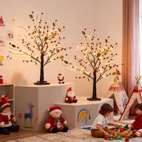 Árbol de flores de bayas rojas de 55 cm, decoración navideña luminosa para regalar a la familia 8