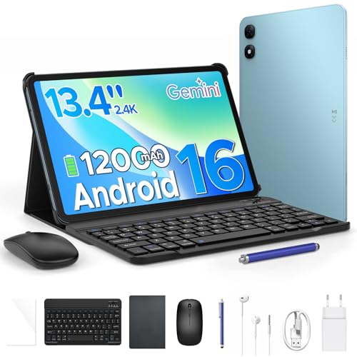 P13 Pro Tablet 13.4 Pulgadas 120Hz Android 16, 48GB RAM + 256GB(TF 2TB) Tablet con Teclado y Lapiz, T7280 Octa-Core, 12000mAh/18W, 16MP+8MP, Gemini AI, Widevine L1, Face ID, Dual SIM 4G, Azul
