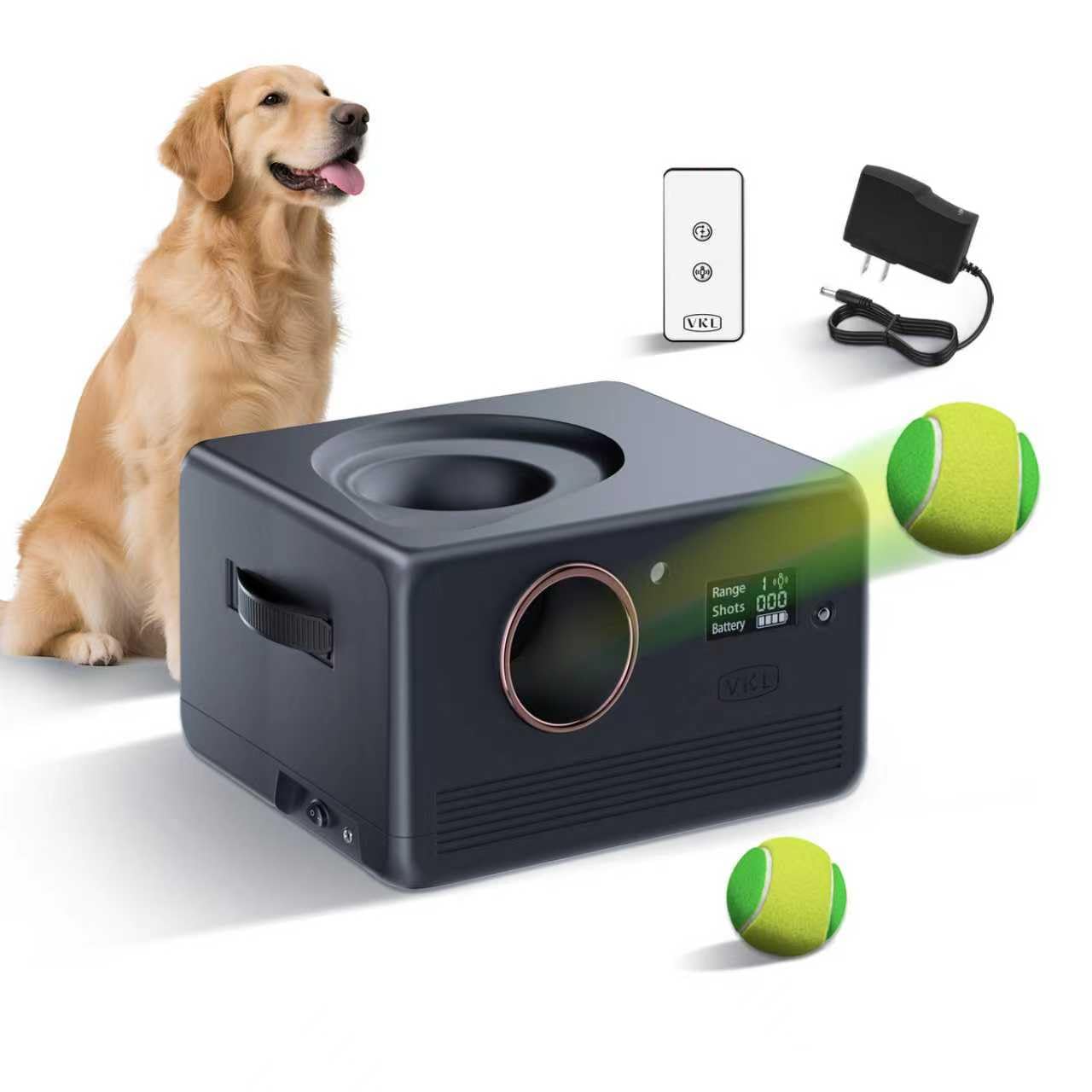 VKL Automatic Dog Ball Launcher Pro & Tennis Ball Thrower with Remote Control, Display Screen,10/20/28ft Distances, Dual Storage, Auto-Stop on Obstacle for Medium/Large Dogs