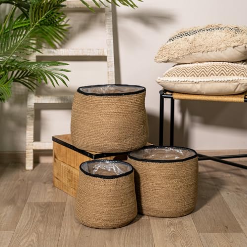 DARO DEKO Korb rund Natur mit schwarzem Rand 3er-Set Pflanzkorb mit Einsatz Blumentopf geflochten Aufbewahrungskorb Über-Topf Regal-Körbe