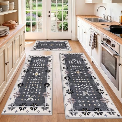 HEBE Boho Kitchen Rugs Set of 3, Non Slip Washable Kitchen Mats for Floor | Vintage Distressed Large Kitchen Runner Rug Set, Farmhouse Floor Carpet for Kitchen,Entryway,Bathroom,Laundry,Grey