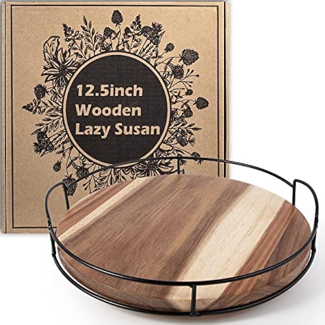 Acacia Wood Lazy Susan with Handles, 12.5 Organizer Turntable, Steel Sided, 360 Degree for Countertop or Dining Table (Black)