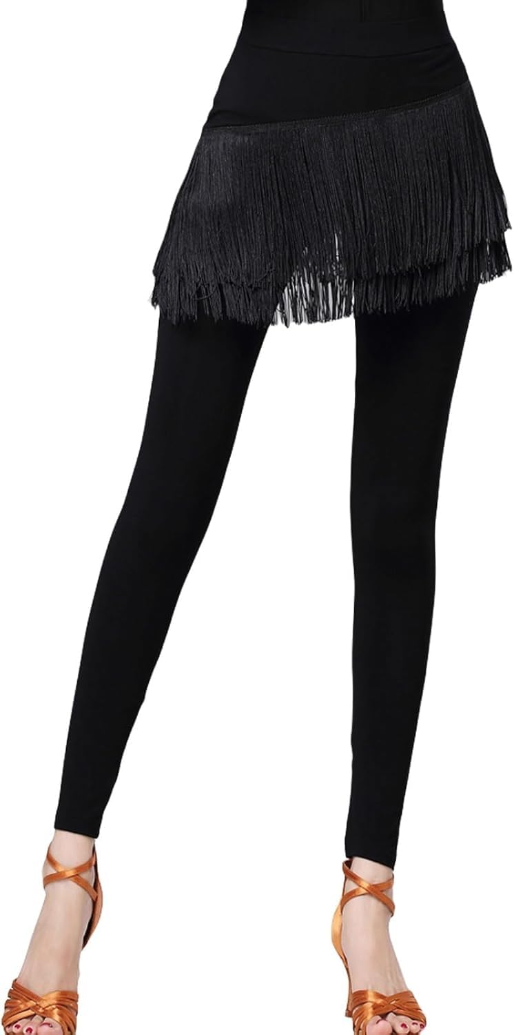 Damskie Spodnie Do Tańca Latynoskiego Ze Spódnicami Z Frędzlami Spodnie Balowe Tassel Tango Salsa Spodnie Do ćwiczeń Tanecznych, Black, XXL