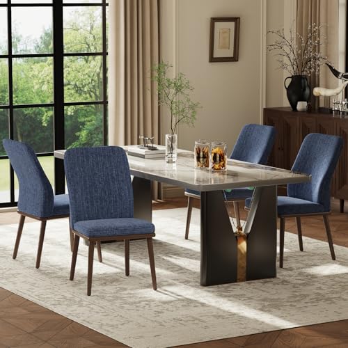Image of Stylish Dining Chairs Set of 4, Upholstered Parsons Dining Room Chair with Nailhead Trim, Kitchen Room Chair with Thick Cushions and Wood Legs, Modern Contemporary, Blue