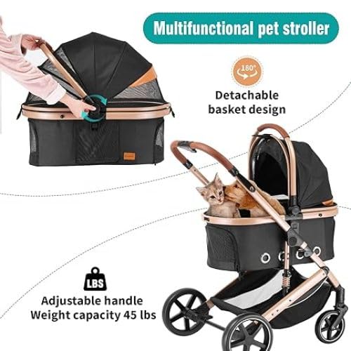 4 in 1 Pet Stroller Folding Lightweight Cat & Dog Stroller with Detachable Carrier NO-Zip 180° Reversible Canopy All Terrain 4-Wheel 45 lbs Capacity for Small to Medium Dogs