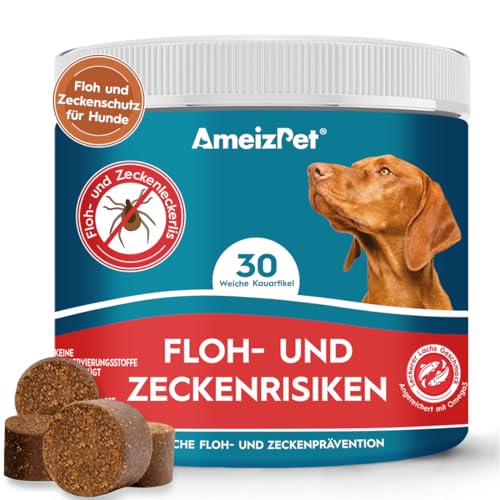 AmeizPet Floh Und Zeckenschutz Für Hunde, Zeckenschutz Hund, Anti Floh Hund Verstellbar Floh-Und Zecken Prävention, Verdauungsenzyme Für Alle Rassen Geeignet, 30 Hunde Leckerlis, 67.5g (2.3 Oz)