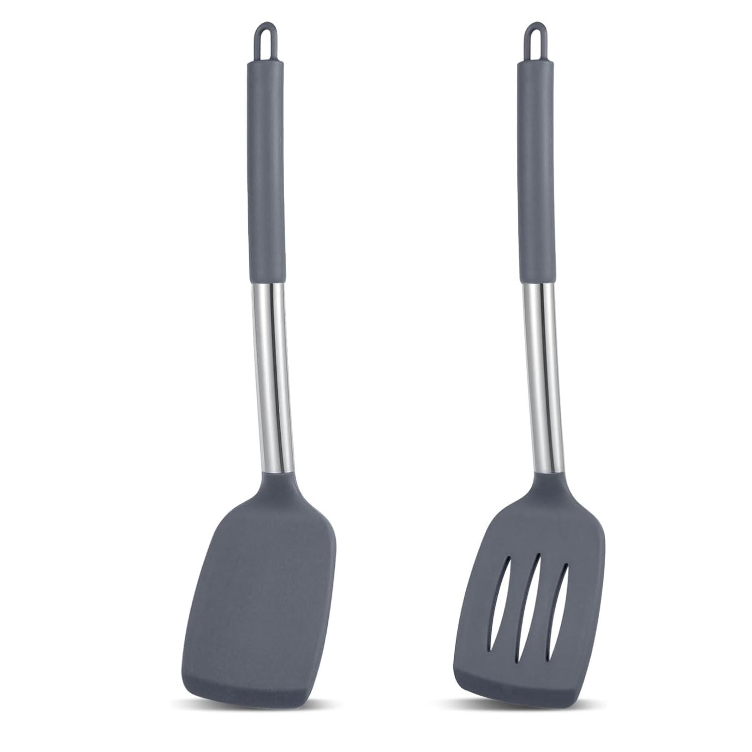 Carrot - Paquete de 2 espátulas de cocina ranuradas antiadherentes, resistentes al calor, sin BPA, utensilios de cocina ideales para pescado, huevos, panqueques (gris)
