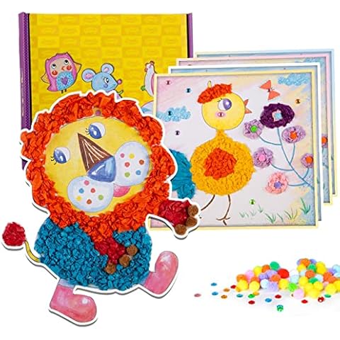 Arts and Crafts Kits for Kids,Chopped Paper,Pompoms and Self-Adhesive Gems for Children to Decorate Printed Pom Pom Picture - Pack of 9, Drawing Board for Kids Cover