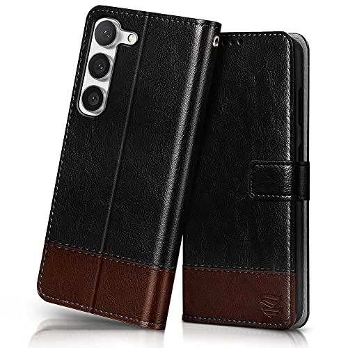 Image of FLIPPED Vegan Leather Flip Case Back Cover for Samsung Galaxy S23 5G (Flexible, Shock Proof | Hand Stitched Leather Finish | Card Pockets Wallet & Stand | Black with Brown)