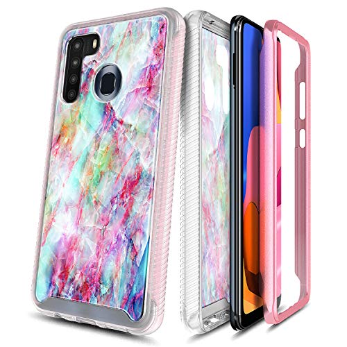 E-Began Galaxy A21 Case with Built-in Screen Protector, Full-Body Protective Rugged Matte Bumper Cover, Marble Design, Shockproof Impact Resist Durable Phone Case for Samsung Galaxy A21 -Fantasy