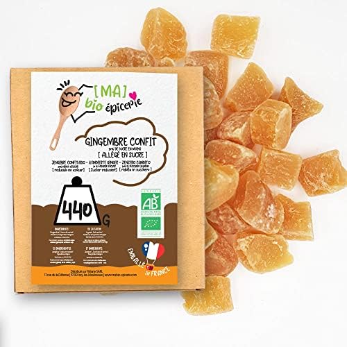 [MA] bio-épicerie | Jengibre confitado BIO bajo en azúcar en cubitos | 440g | Suelto en confección | Certificado ecológico | Fruta confitada | Sin conservantes | Jengibre deshidratado natural