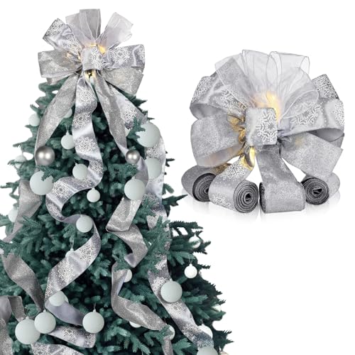 Large Christmas Tree Topper Bow 12.6 X 118 inch Lighted up Christmas Bow with 4 X 3 Yards Ribbon Streamers for Xmas Christmas Tree Decor(Grey Silver)