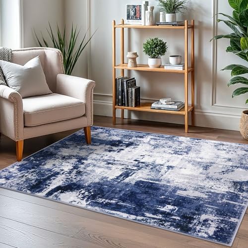 KOZYFLY Modern Abstract 3x5 Area Rug Washable Bedroom Rug Throw Entry Mat Non-Slip Stain Resistant Carpet Dining Room Rug with Soft Low Pile for Living Room Kitchen Bath Office, Navy Blue/Grey/White