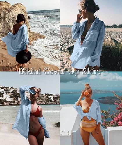 Image of Zoye Chen Women's Bikini Swimsuit Cover Up Button Down V Neck Shirts Long Sleeve Blouse Beachwear Bathing Suit
