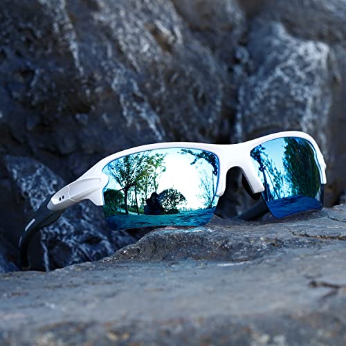 Kimorn Polarized Sports Sunglasses For Men Womens Baseball Fishing Cycling Running Golf Motorcycle Wrap Around Glasses K1463 (Matte White Frame Blue Lens) #TOP2
