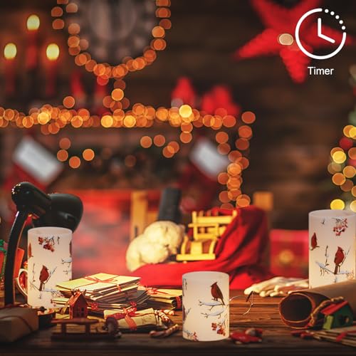 Image of Cardinal Flameless Candles, 3 Pack LED Flickering Pillar Candles with Red Bird Decals, Real Wax Cardinal Home Decor for Halloween Christmas Decor(D3 inch x H4 inch5 inch6 inch)