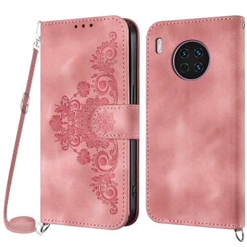 Netany Funda para Huawei Mate 30 con Cuerda, Flip Billetera Funda Tapa Libro PU Cuero con Ajustable Cordón,【2 Ranuras】【Hebilla Magnética】,Funda Piel Carcasa Case para Huawei Mate 30 Cuerda (Rosa)