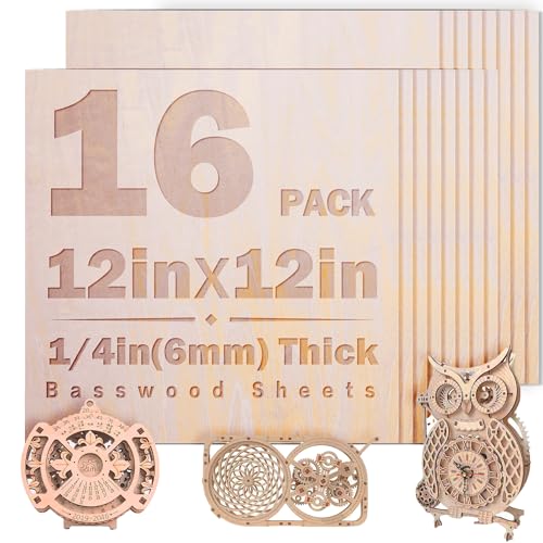 16 Pack Basswood Sheets 1/4 inch 12x12x1/4Iinch Plywood Sheets 6mm Basswood for Laser Cutting Laser Engraving Blanks Thin Natural Unfinished Wood for Crafts Wood Burning (16pack-12x12 1/4(6mm) Thick)