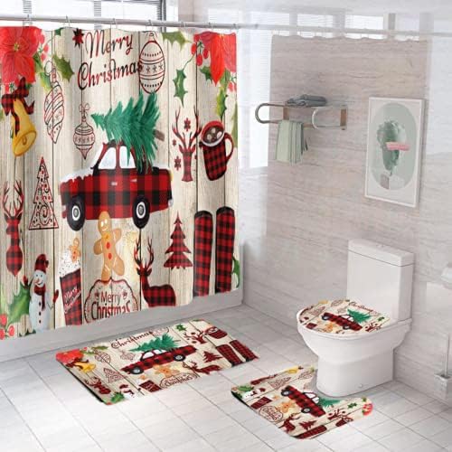 4 Pcs Christmas Shower Curtain Sets Christmas Lovely Gift and Tree Bathroom Curtains with Red Car Truck Bathroom Decor Set with Toilet Lid Rug Contour Mat and Bath Mat 72 x 72 Inch