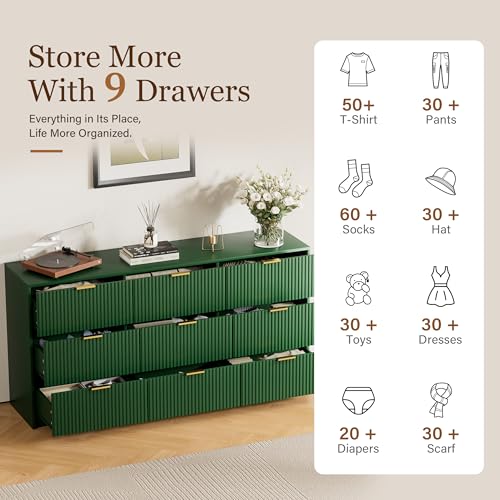 Image of Furniway Green Dresser for Bedroom, Modern Dresser with 9 Drawers and Smooth Slides, Wide Chest of Drawers with Golden Handles for Bedroom, Living Room, Closet, 15.7 inch D x 63 inch W x 31.5 inch H