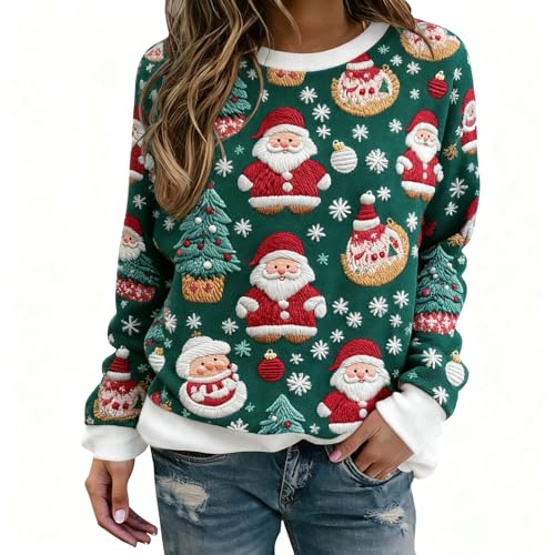 Richymfa Jersey Navideño para Mujer en Algodón, Sin Capucha, con Diseño de Renos, Jersey Rojo Elegante, Suéter Navideño, Regalo Divertido, Tallas Grandes, Camiseta Curvy a la Moda, Verde y negro., XL