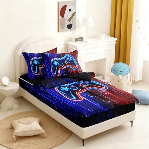 Image of Kids Comforter Set,Zipper Bedding Twin for Teen,Gaming Printed Comforter Set with Fitted Sheets and Pillowcases for All Season(Red-Blue Gamepad Twin)