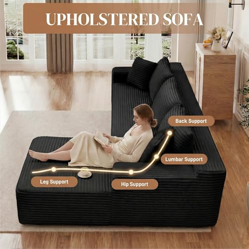 Image of 95 inch L Shaped Cloud Boneless Sectional Couches for Living Room, Modern Comfy Modular Deep Seat Memory Foam Compressed Corduroy Sofa Oversized Right Facing Chaise, No Assembly Required, Balck
