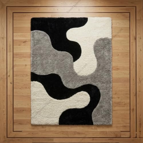 Image of SWEET HOMES Carpets for Bedroom, Handwoven Shaggy Abstract Area Rug | Ultra Soft Shag, 8 x 10 Feet (244 x 305 cm), Black Silver