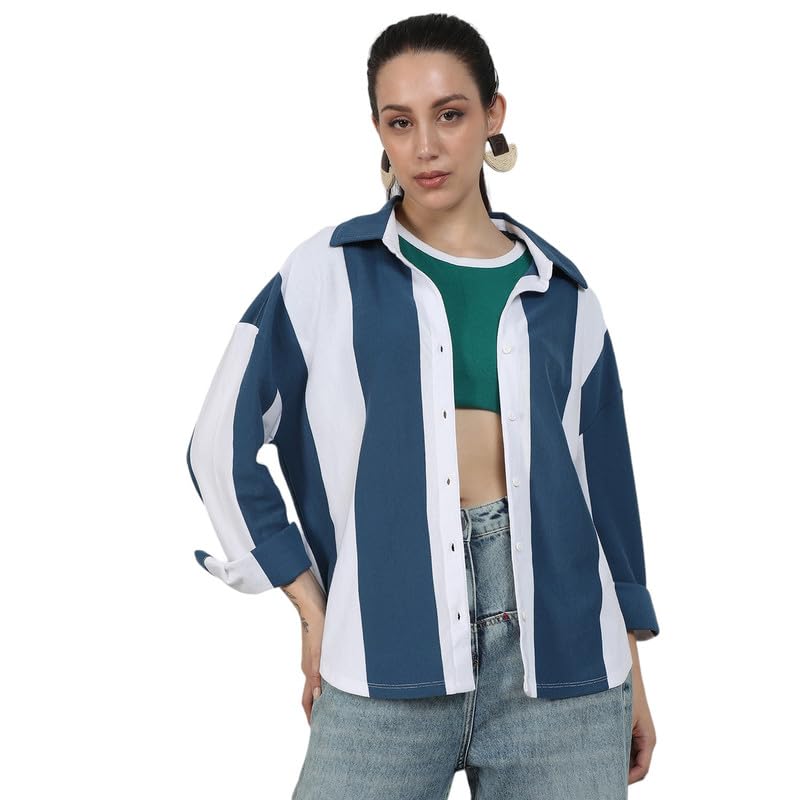 Image of PINACOLADA Women's Boxy Striped Shirt for Casual Wear | Spread Collar | Cuffed Sleeves | Button Closure | Shirt Crafted with Comfort Fit for Everyday Wear