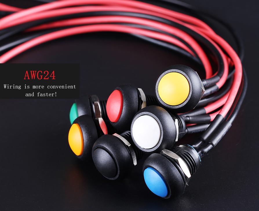 12mm/0.5in Momentary Aluminum Push Button Switch Mini Round Switch Waterproof Self-Resetting 3A 12Vwith Pre-soldered Wire 5PCS (Red)