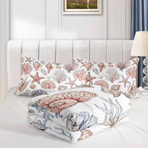 Image of AILONEN Blush Seashell Full Comforter Set, Vintage Coral Starfish Bedroom Ensemble, 3 Piece Microfiber Down Alternative Fill for Adults Apartment Residents