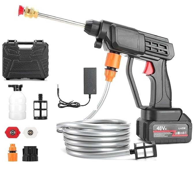 Image of Car Washer High Pressure Gun Rechargeable 48V Cordless Portable Wireless Pressure Washer Gun | Cleaning Machine for Car Double Battery