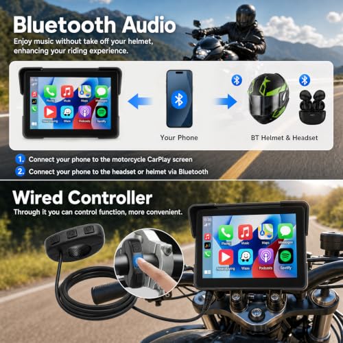 Image of SIXTOP 7 inch Motorcycle CarPlay Screen w Dual 1080P Dash Cam CarPlay Android Auto GPS Navigation System for Motorcycle IP67 Waterproof Touch Screen Bluetooth Voice Control Wired Control Magnetic Mount