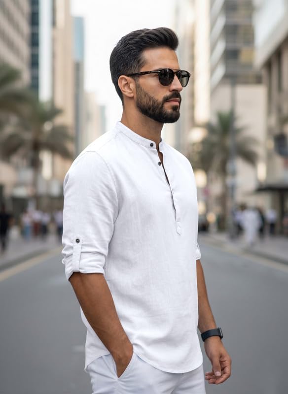 Image of Men Cotton Blend Mandarin Collar Casual Kurta Shirt | Roll-Up Sleeves | Regular Fit Ethnic Short Kurta for Daily