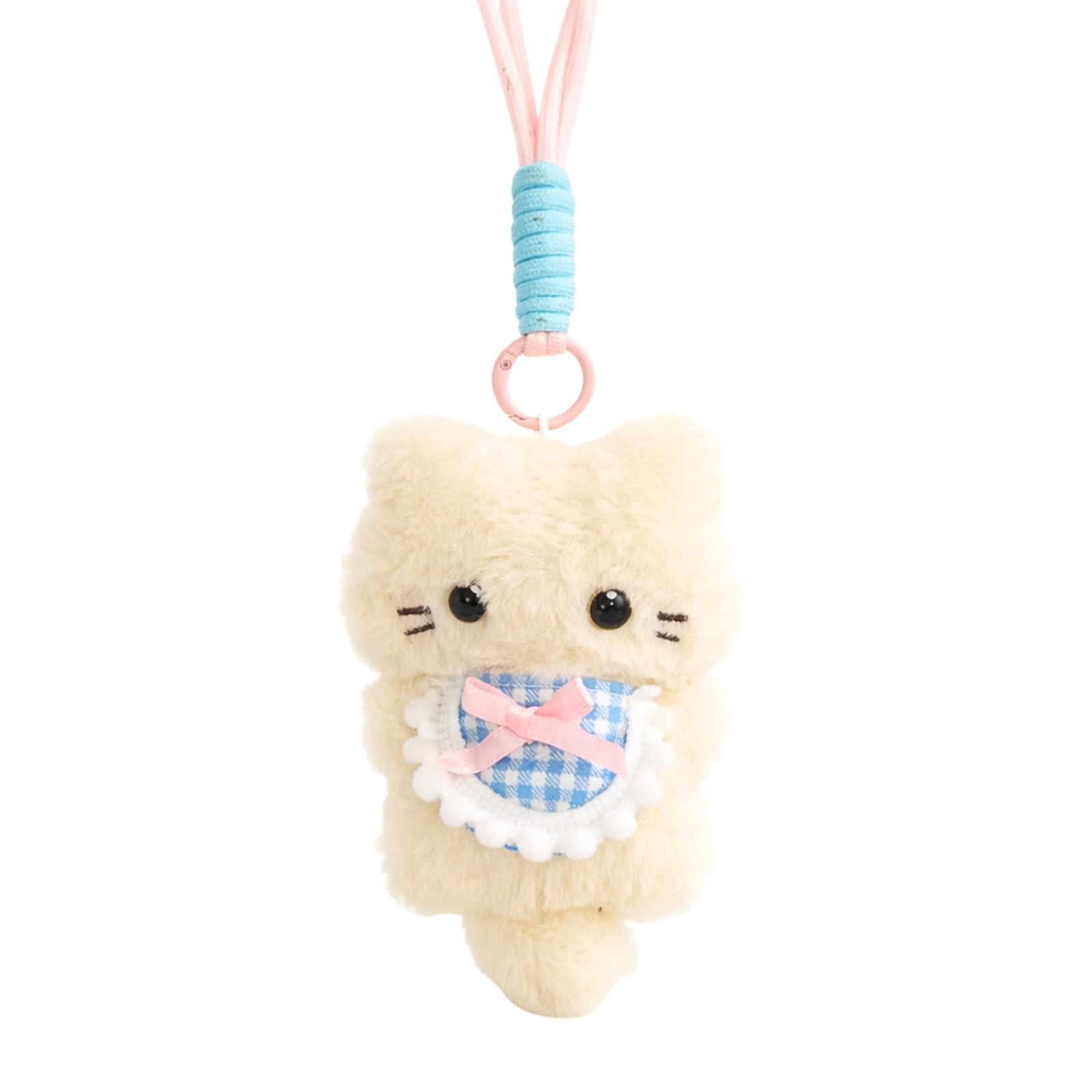 - Cute White Cat Plush Keychain with Blue Gingham Bib & Pink Bow | Soft Mini Kitty Bag Charm with Hanging Loop Strap | Kawaii Keyring Gift for Girls, Kids & Cat Lovers