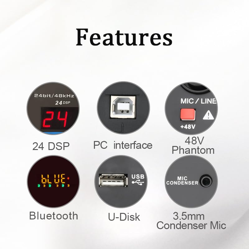 Table de mixage 8 canaux avec 24 effets Bluetooth USB console mixage audio PC studio